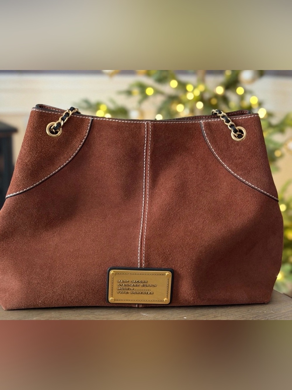 Marc Jacobs The Plaza Bag Suede Shoulder Bag with Gold Plaque LeatherChain Strap